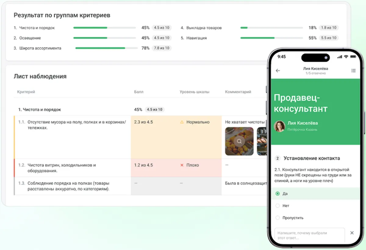 Лист наблюдения в iSpring LMS с результатами по группам критериев