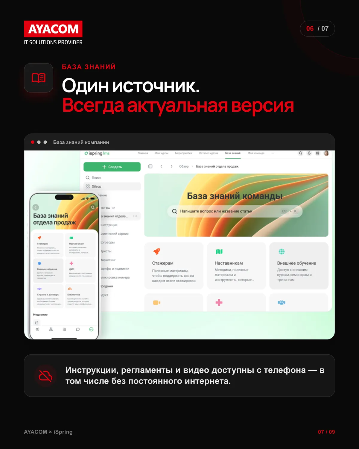 База знаний в iSpring LMS в веб-версии и на смартфоне